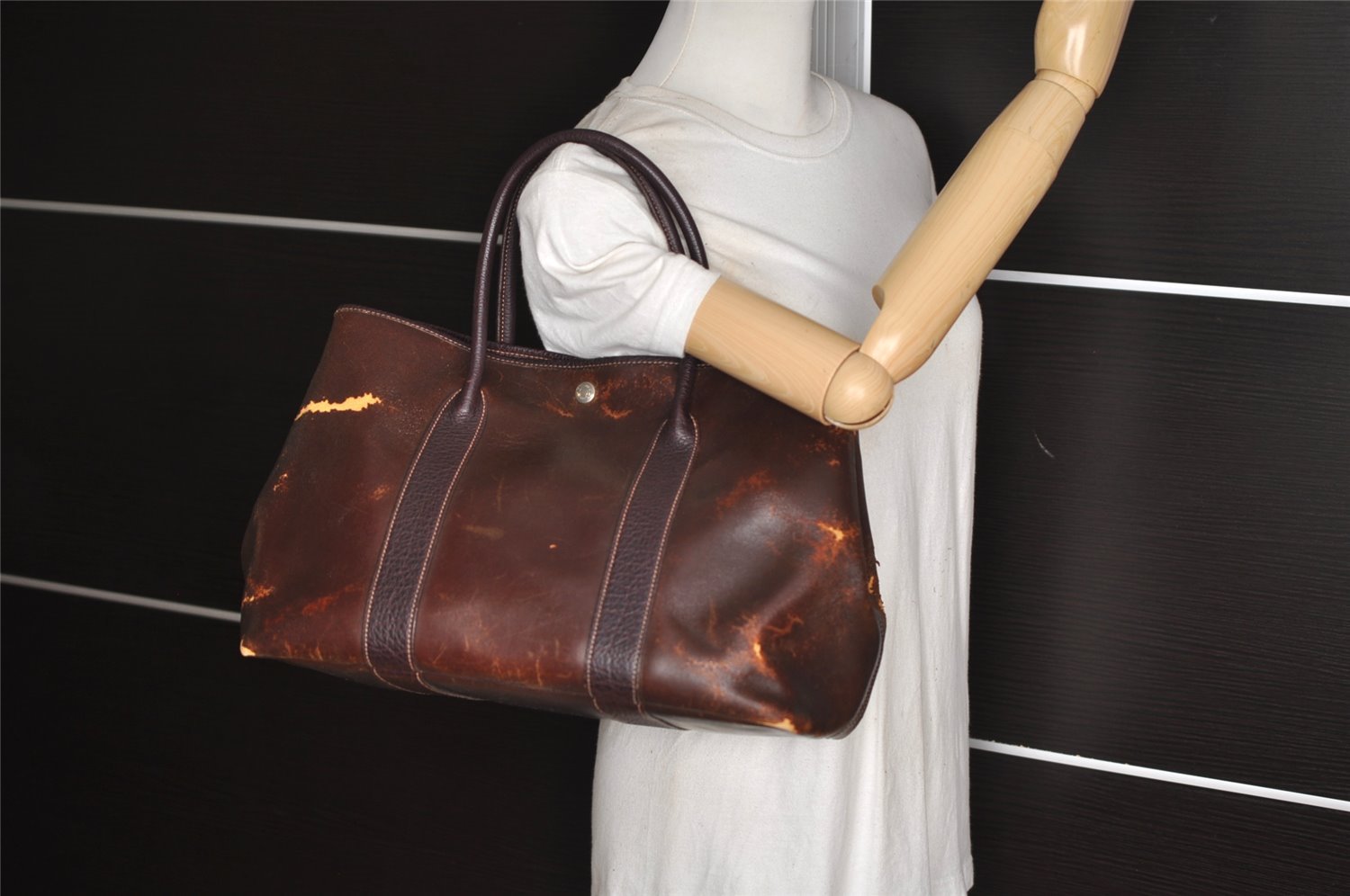 Authentic HERMES Garden Party MM Shoulder Tote Bag PVC Leather Brown Junk 5188J