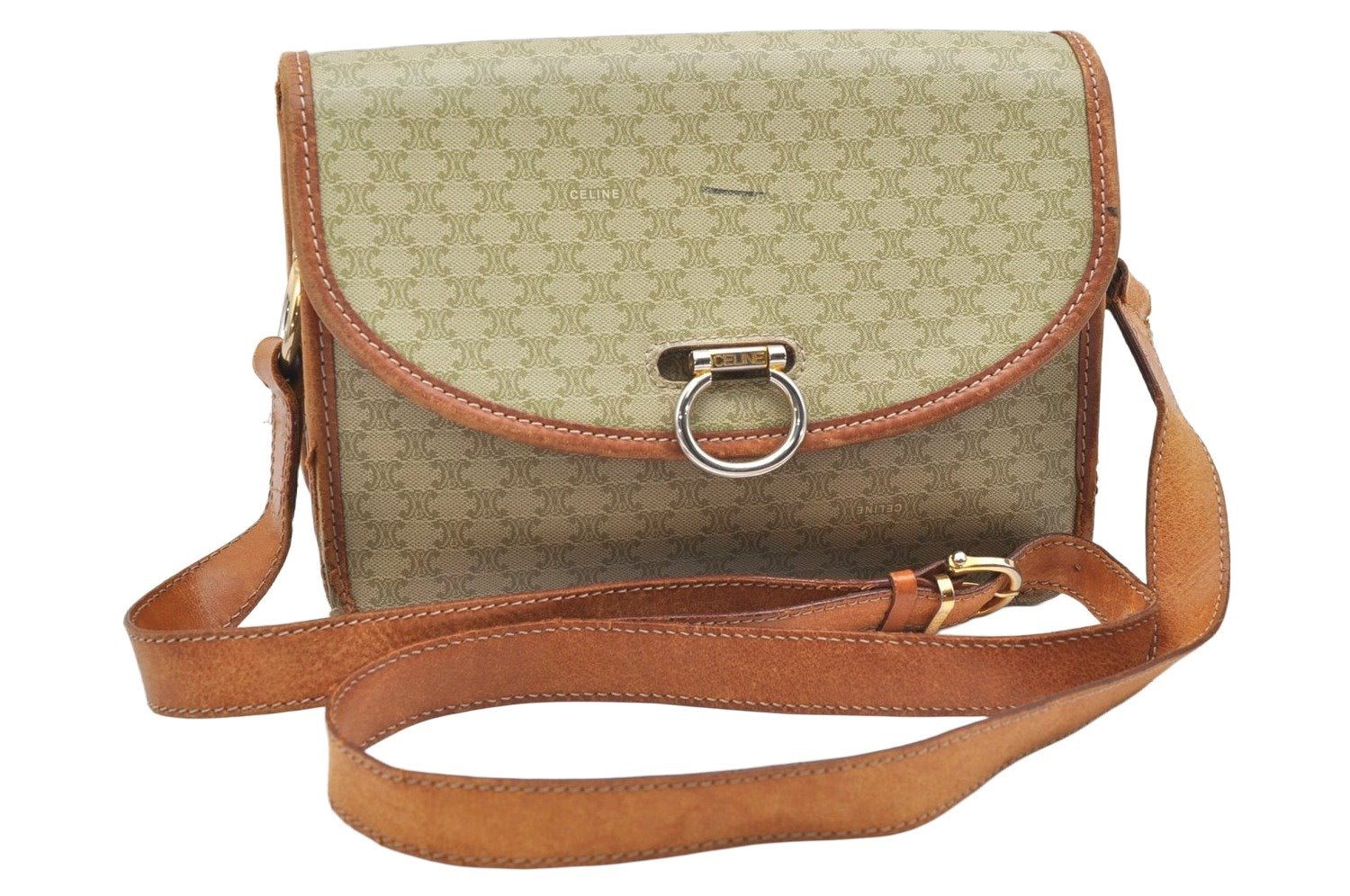 Authentic CELINE Macadam Blason Shoulder Cross Bag PVC Leather Beige 5191K