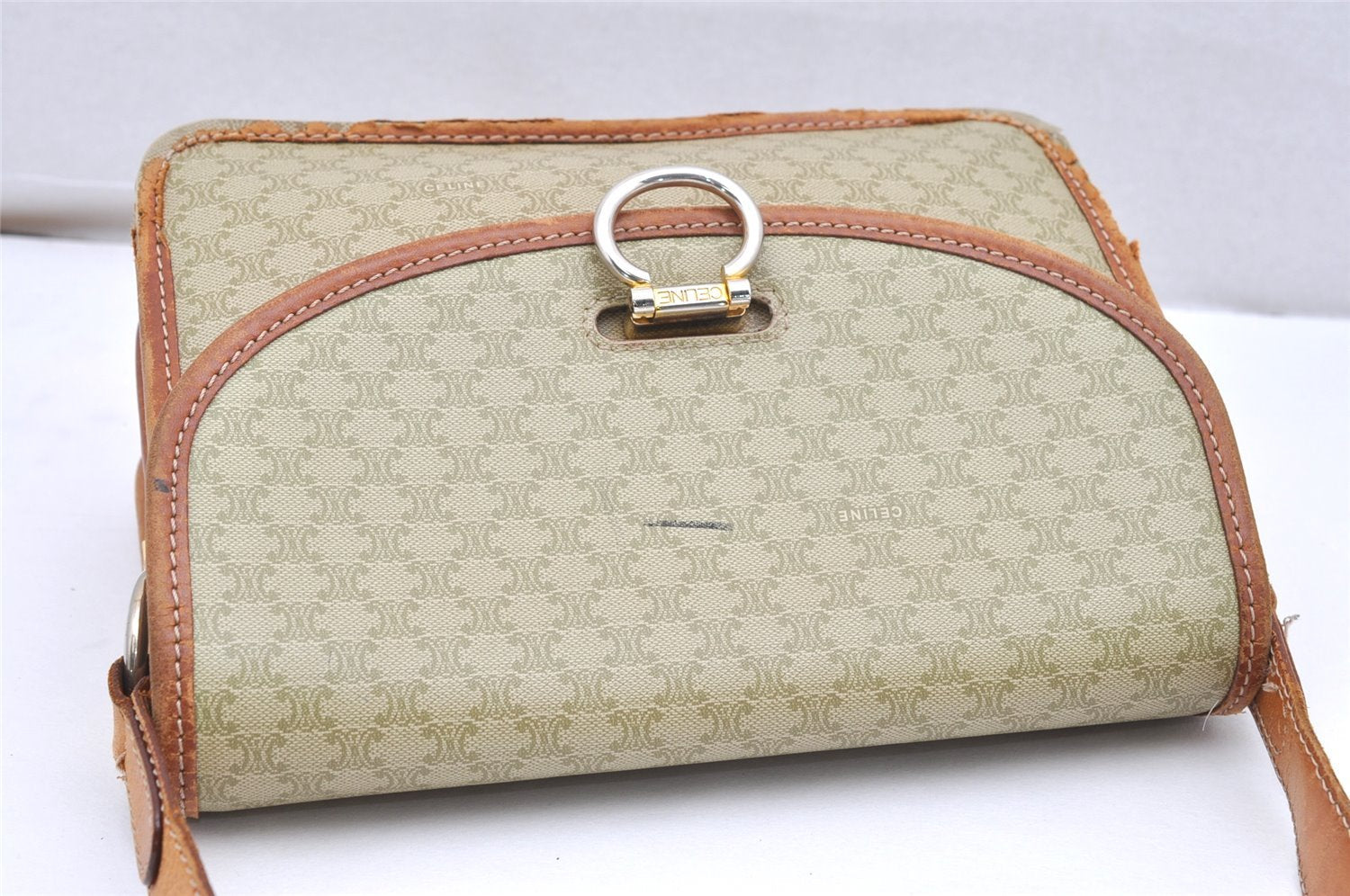 Authentic CELINE Macadam Blason Shoulder Cross Bag PVC Leather Beige 5191K