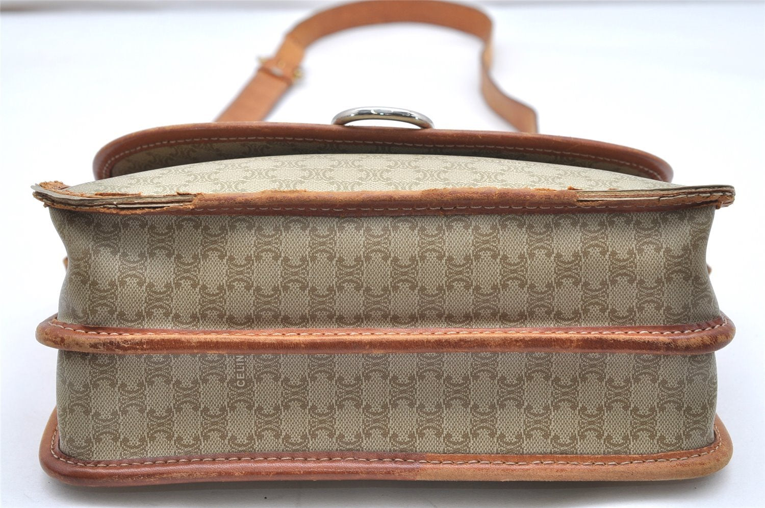 Authentic CELINE Macadam Blason Shoulder Cross Bag PVC Leather Beige 5191K