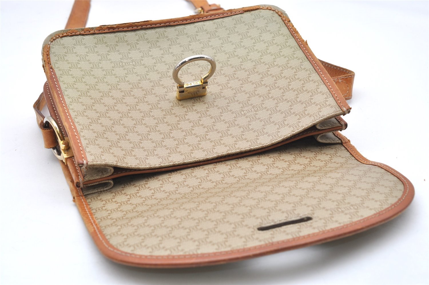 Authentic CELINE Macadam Blason Shoulder Cross Bag PVC Leather Beige 5191K
