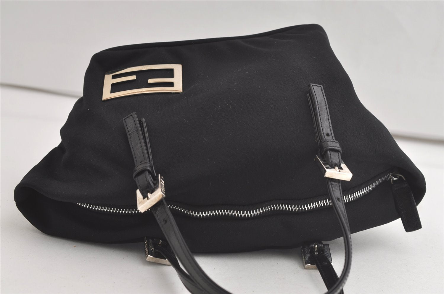 Authentic FENDI Vintage Hand Bag Purse Jersey Leather Black 5198K