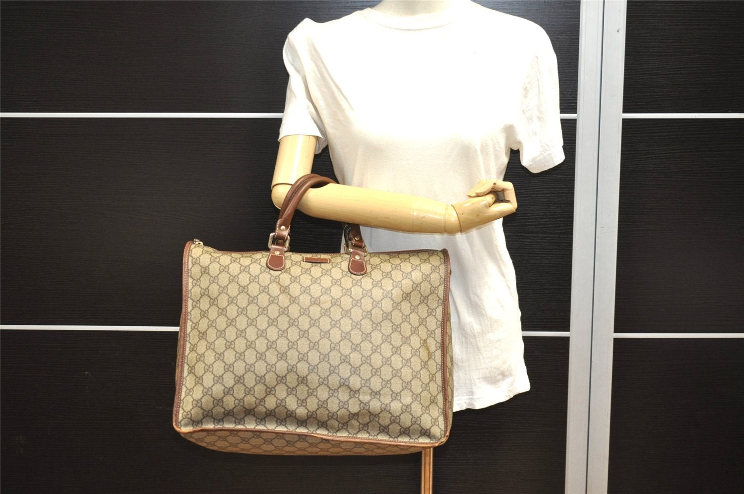 Authentic GUCCI Vintage Hand Boston Bag GG PVC Leather 189899 Brown 5199I