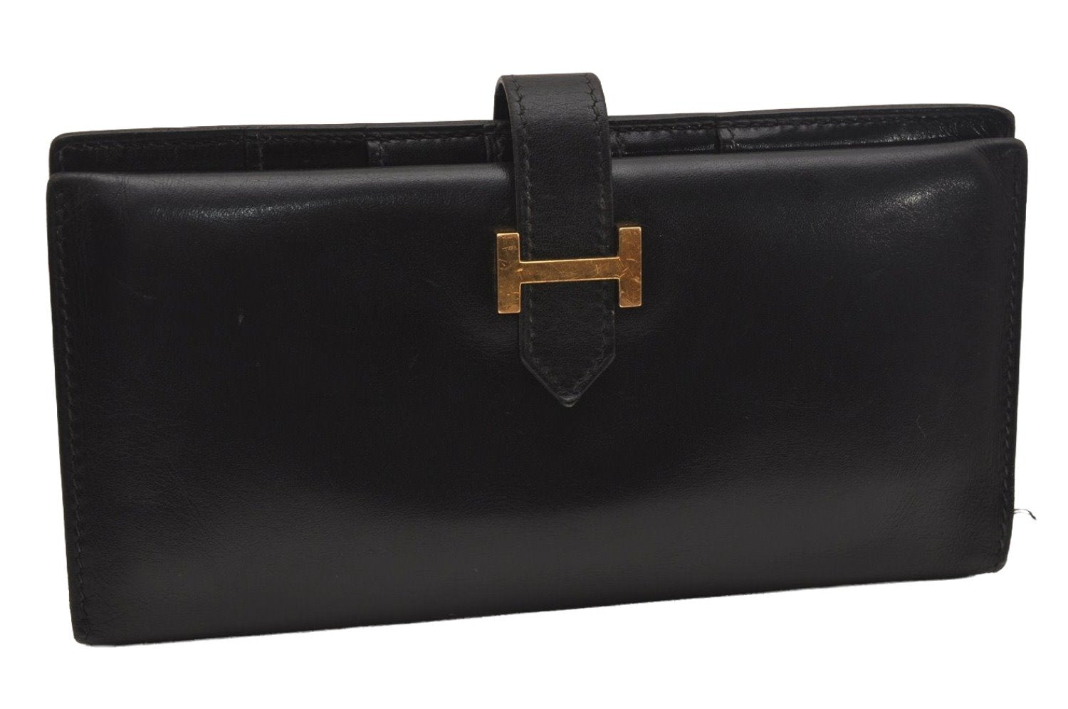 Authentic HERMES Bearn Classic Vintage Leather Long Wallet Purse Black 5200J