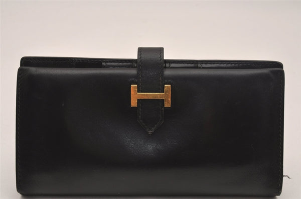 Authentic HERMES Bearn Classic Vintage Leather Long Wallet Purse Black 5200J