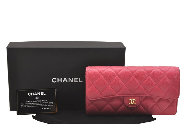 Authentic CHANEL Caviar Skin Matelasse Long Wallet Purse CC Logo Pink Box 5204J