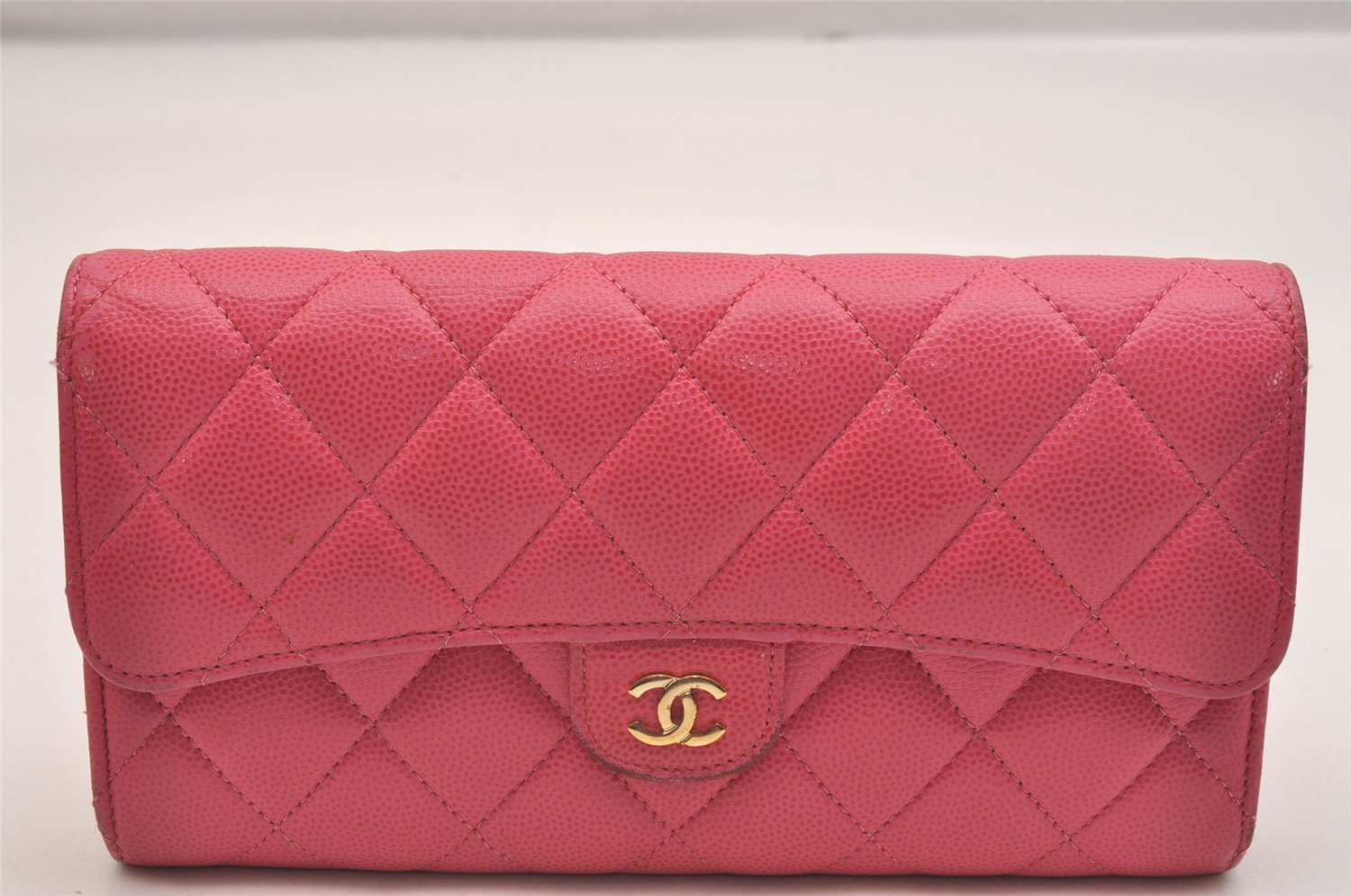 Authentic CHANEL Caviar Skin Matelasse Long Wallet Purse CC Logo Pink Box 5204J