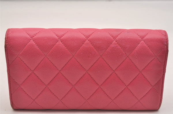 Authentic CHANEL Caviar Skin Matelasse Long Wallet Purse CC Logo Pink Box 5204J