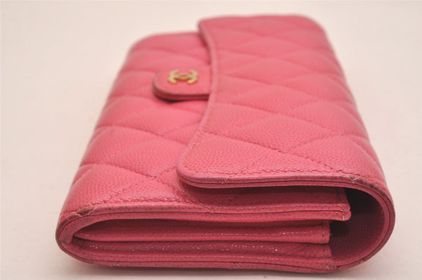 Authentic CHANEL Caviar Skin Matelasse Long Wallet Purse CC Logo Pink Box 5204J