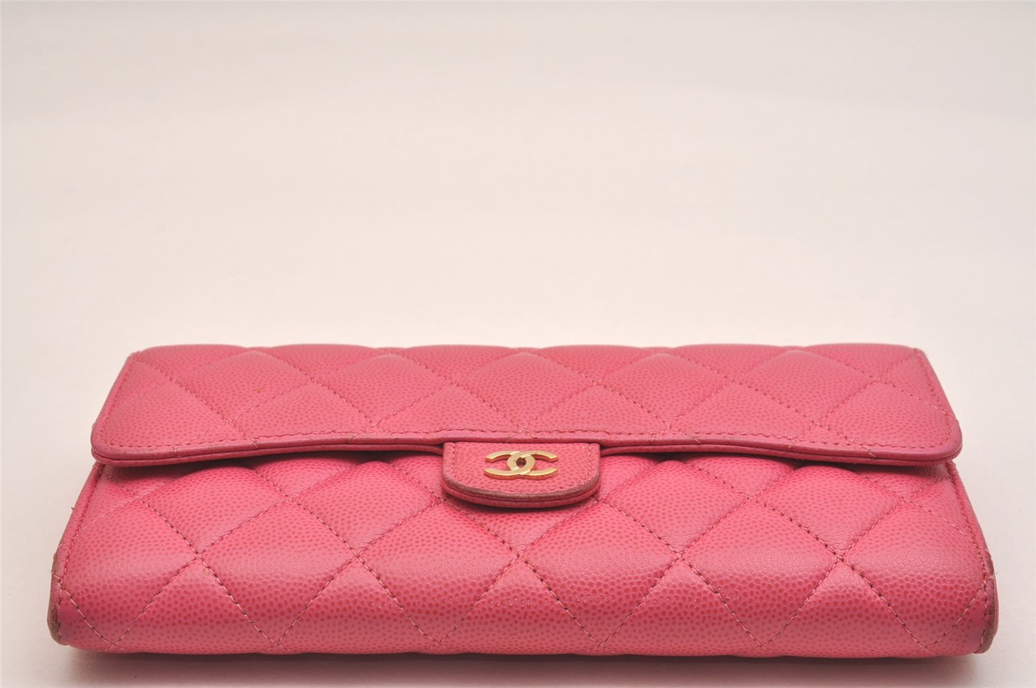 Authentic CHANEL Caviar Skin Matelasse Long Wallet Purse CC Logo Pink Box 5204J