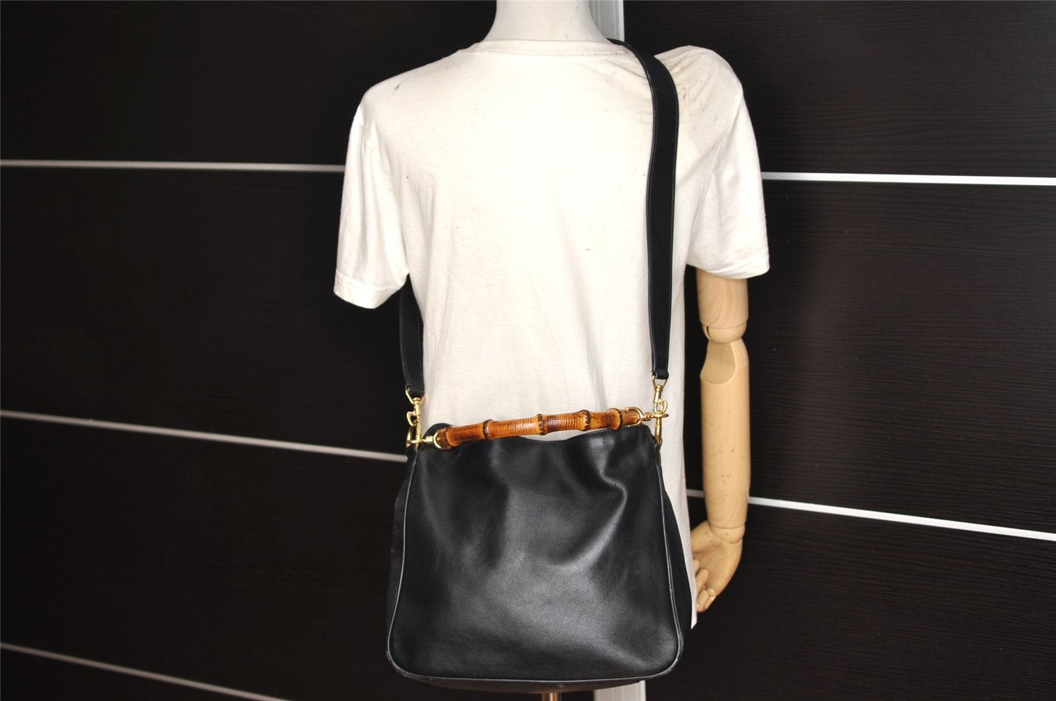 Authentic GUCCI Vintage Bamboo 2Way Shoulder Hand Bag Leather Black Junk 5205K