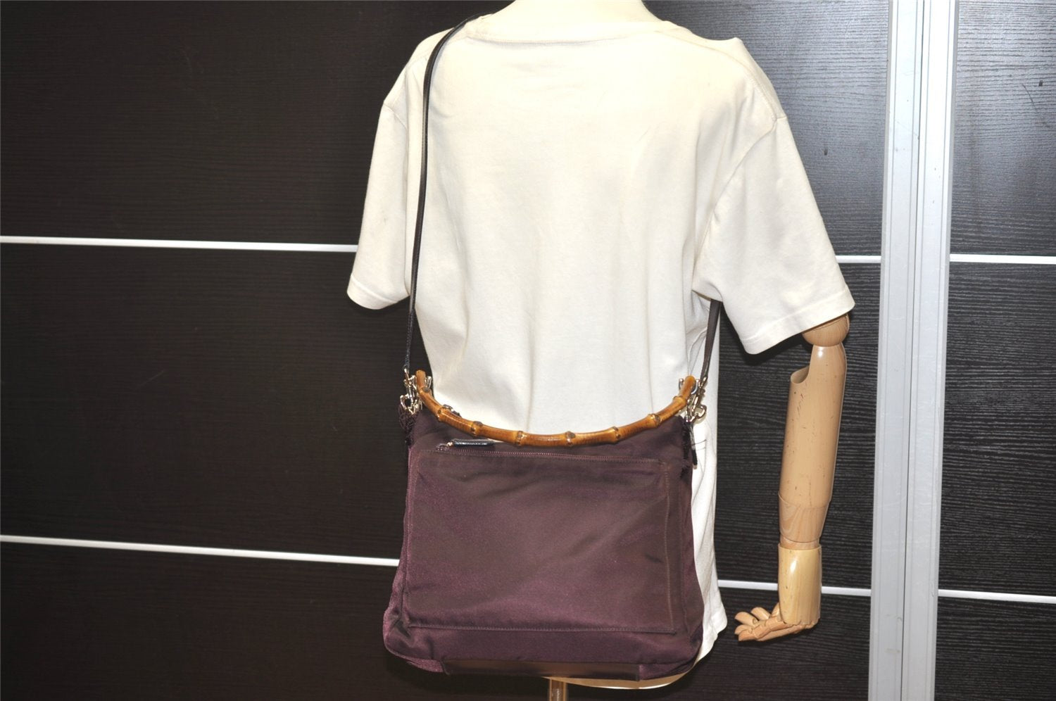 Authentic GUCCI Bamboo 2Way Shoulder Hand Bag Purse Nylon Leather Wine Red 5206I