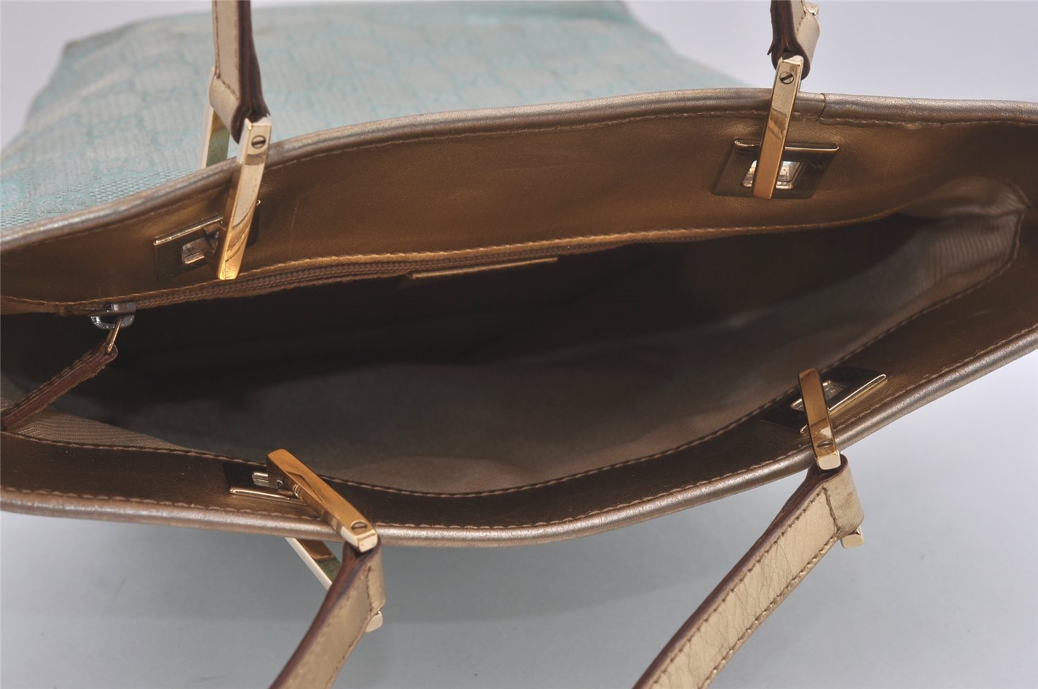 Authentic GUCCI Vintage Tote Bag GG Canvas Leather 0021099 Light Blue 5207I