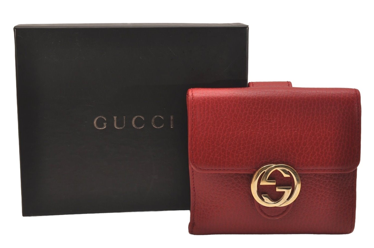 Authentic GUCCI Interlocking G Bifold Wallet Purse Leather 615525 Red Box 5208J