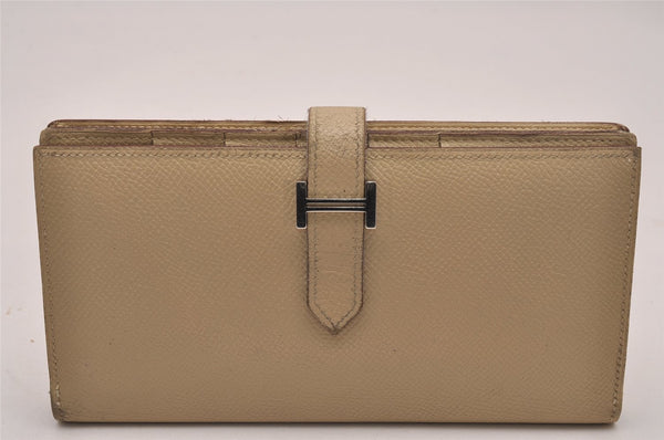Authentic HERMES Bearn Soufflet Vintage Leather Long Wallet Purse Beige 5209J