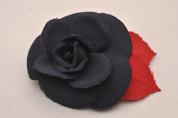 Authentic CHANEL Camellia Corsage Brooch Nylon Navy Blue Red 5210J