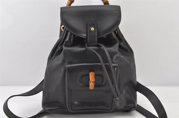 Authentic GUCCI Vintage Bamboo Drawstring Backpack Purse Leather Black 5211K