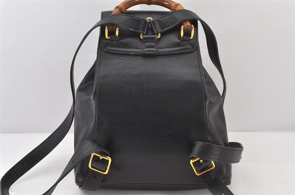Authentic GUCCI Vintage Bamboo Drawstring Backpack Purse Leather Black 5211K