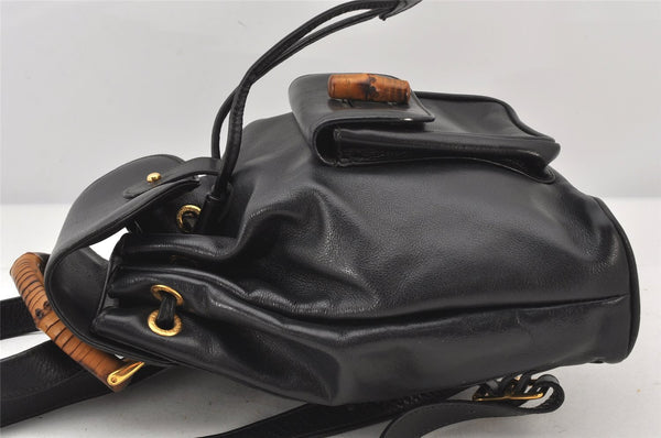 Authentic GUCCI Vintage Bamboo Drawstring Backpack Purse Leather Black 5211K