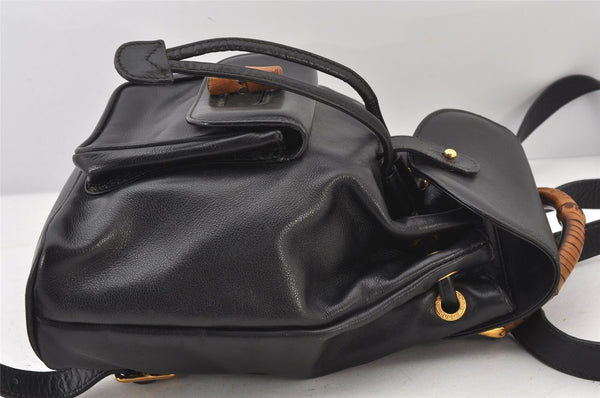 Authentic GUCCI Vintage Bamboo Drawstring Backpack Purse Leather Black 5211K