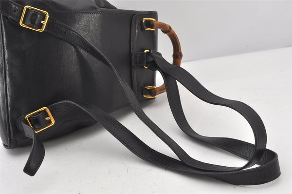 Authentic GUCCI Vintage Bamboo Drawstring Backpack Purse Leather Black 5211K