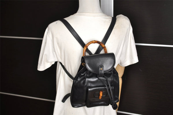 Authentic GUCCI Vintage Bamboo Drawstring Backpack Purse Leather Black 5211K