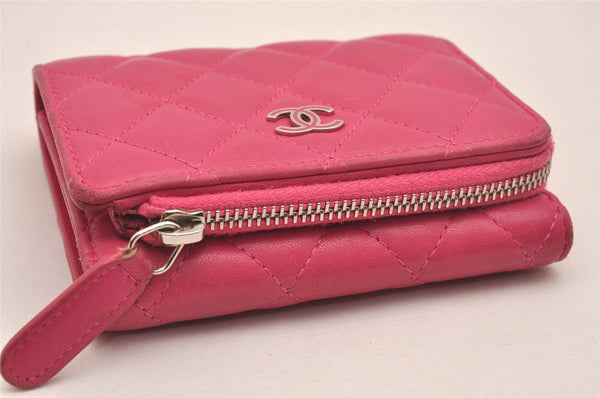 Authentic CHANEL Lamb Skin Matelasse Vintage Trifold Wallet Purse Pink CC 5213J