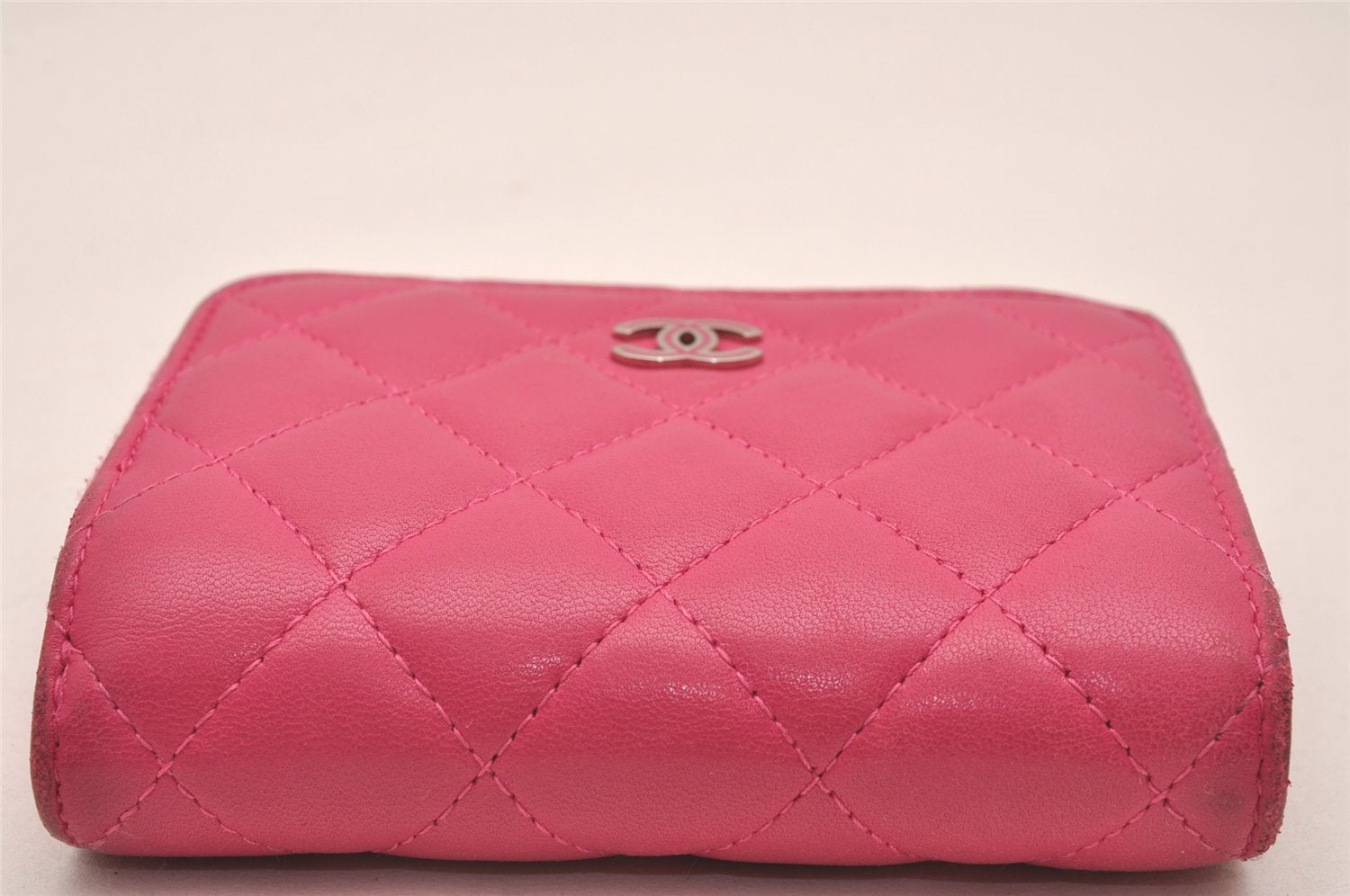 Authentic CHANEL Lamb Skin Matelasse Vintage Trifold Wallet Purse Pink CC 5213J