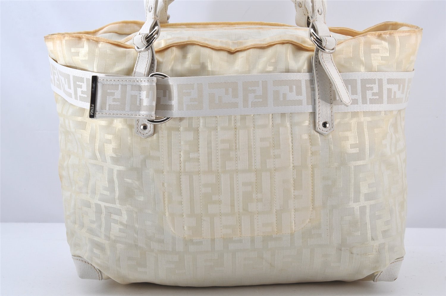 Authentic FENDI Zucca Shoulder Tote Bag Nylon Leather Cream White 5214K