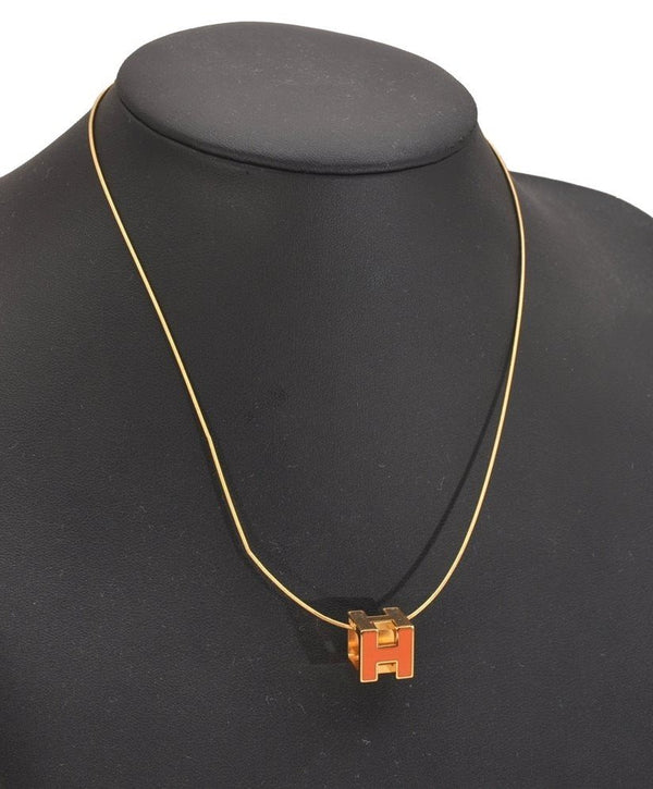 Authentic HERMES Cage De Ash H Cube Pendant Necklace Gold Orange Box 5215J