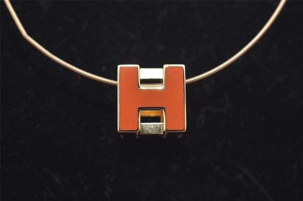 Authentic HERMES Cage De Ash H Cube Pendant Necklace Gold Orange Box 5215J