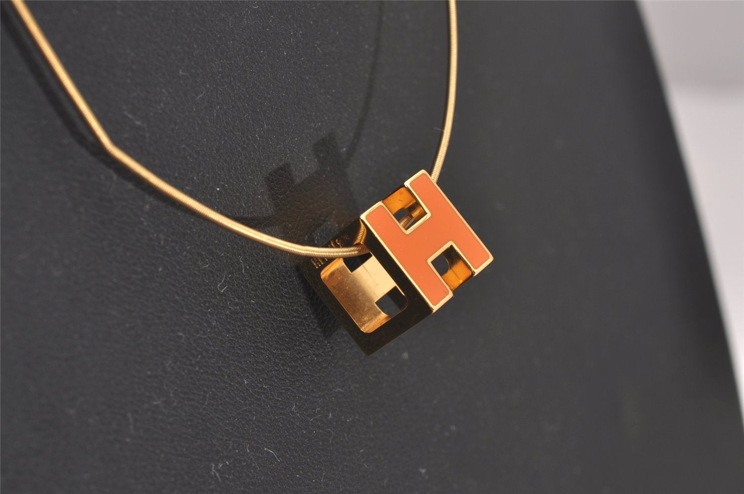 Authentic HERMES Cage De Ash H Cube Pendant Necklace Gold Orange Box 5215J