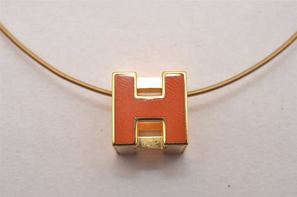 Authentic HERMES Cage De Ash H Cube Pendant Necklace Gold Orange Box 5215J