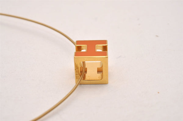 Authentic HERMES Cage De Ash H Cube Pendant Necklace Gold Orange Box 5215J