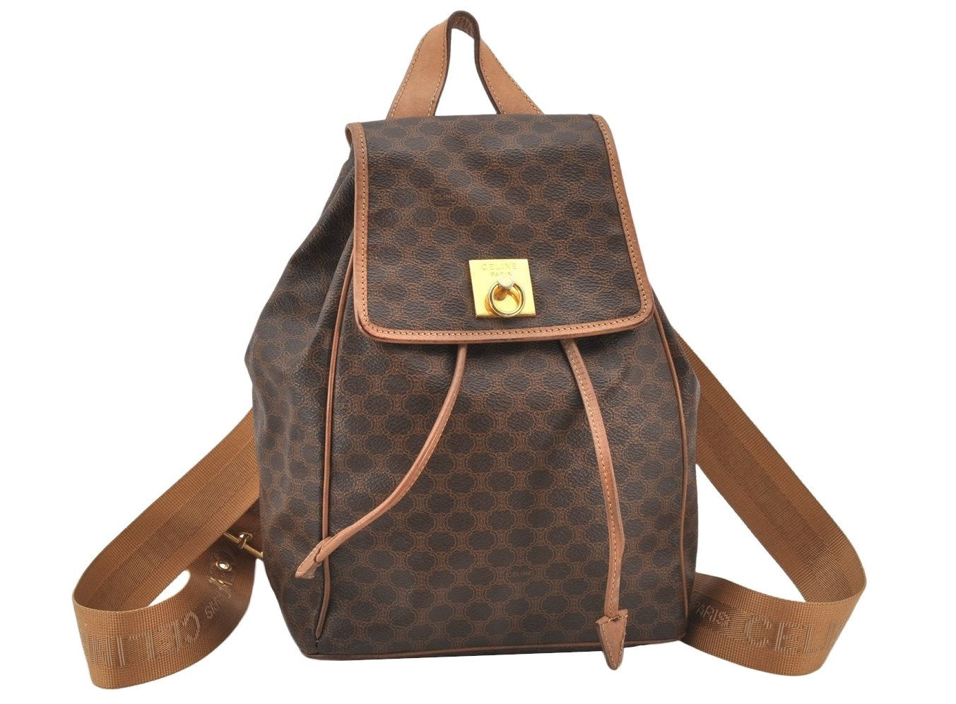 Authentic CELINE Macadam Blason Pattern Backpack PVC Leather Brown 5218K