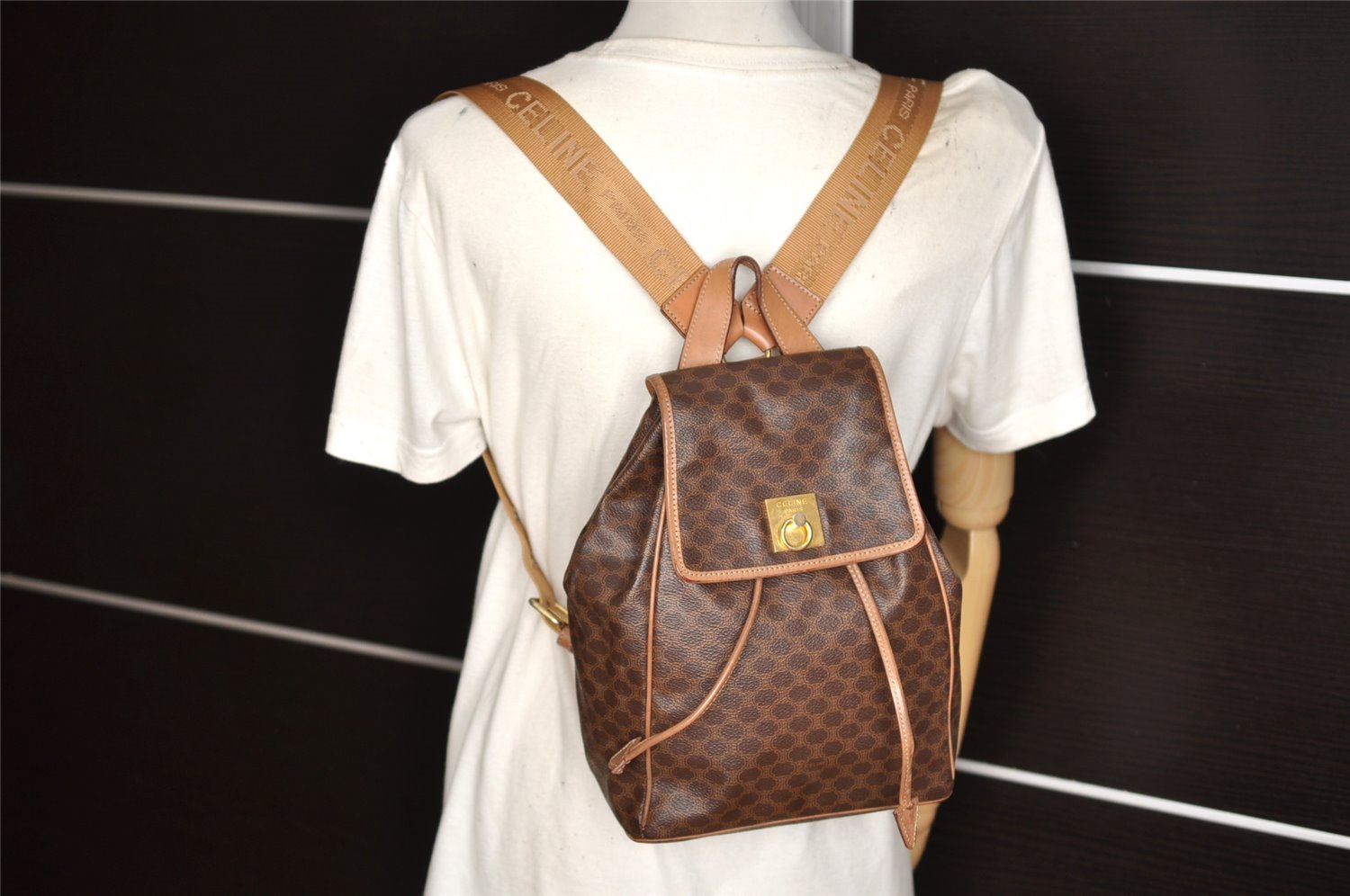 Authentic CELINE Macadam Blason Pattern Backpack PVC Leather Brown 5218K