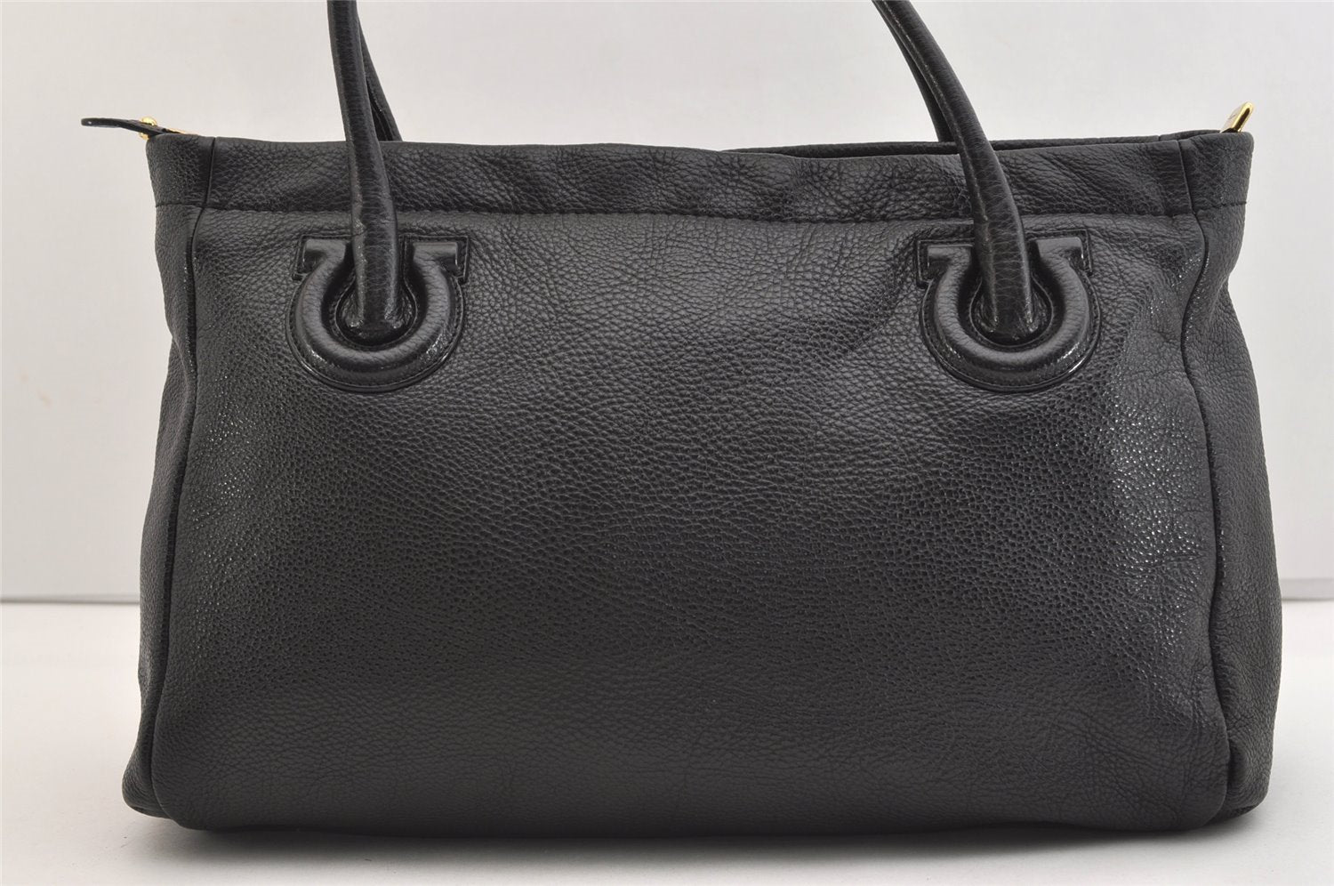 Authentic Salvatore Ferragamo Gancini Vintage Leather Hand Tote Bag Black 5220J