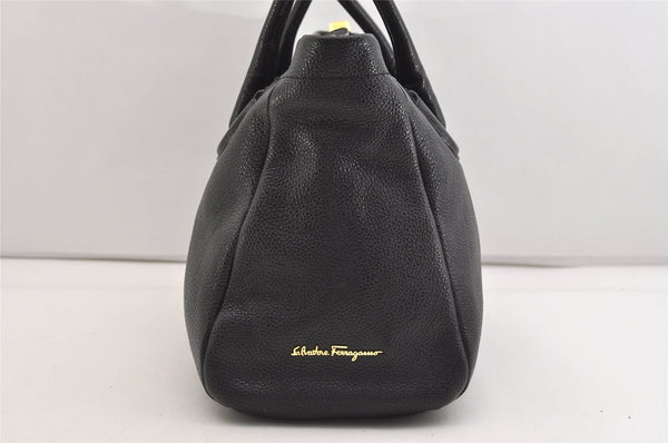 Authentic Salvatore Ferragamo Gancini Vintage Leather Hand Tote Bag Black 5220J