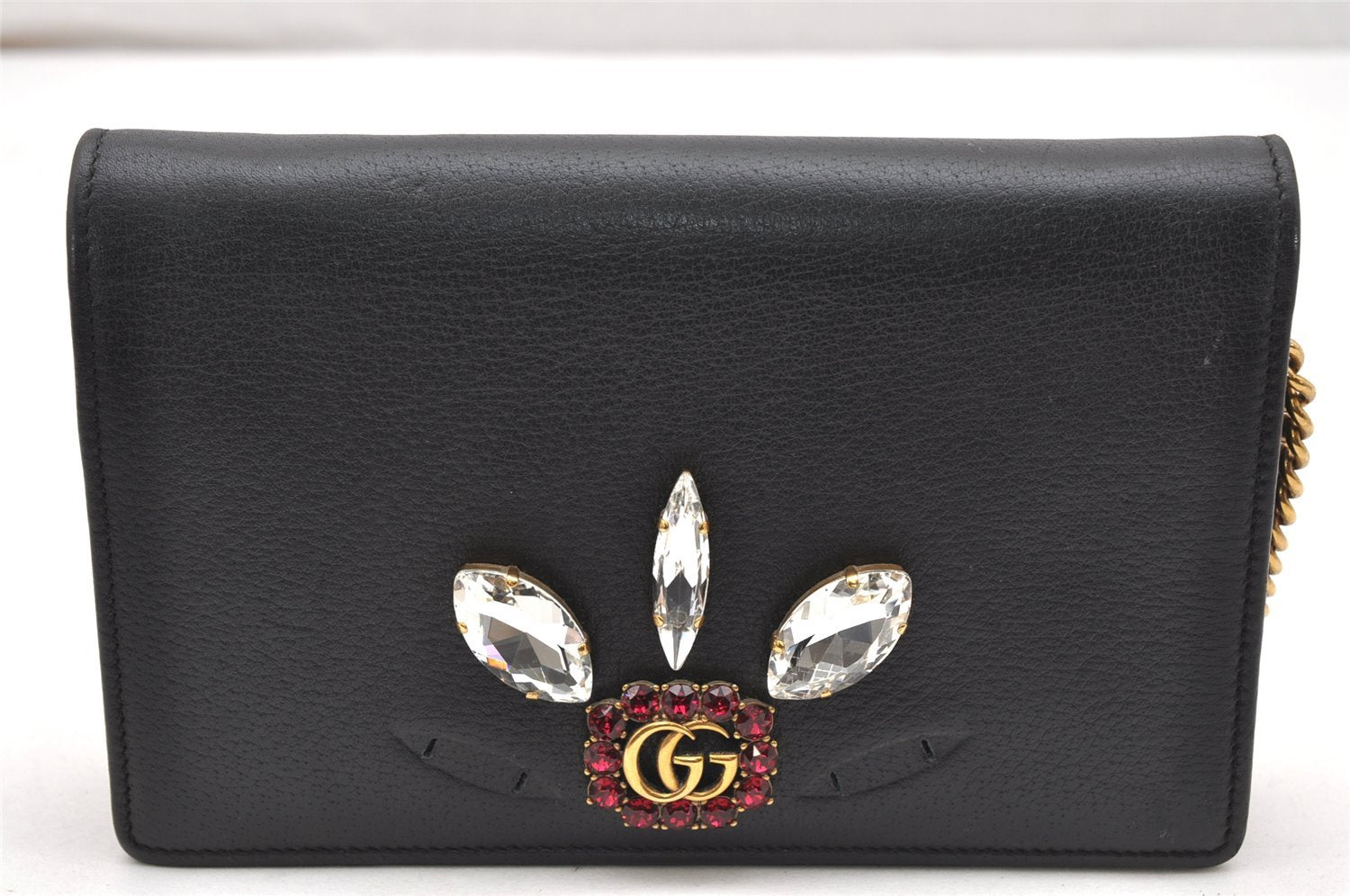 Authentic GUCCI GG Marmont Chain Shoulder Long Wallet Leather 499782 Black 5230K