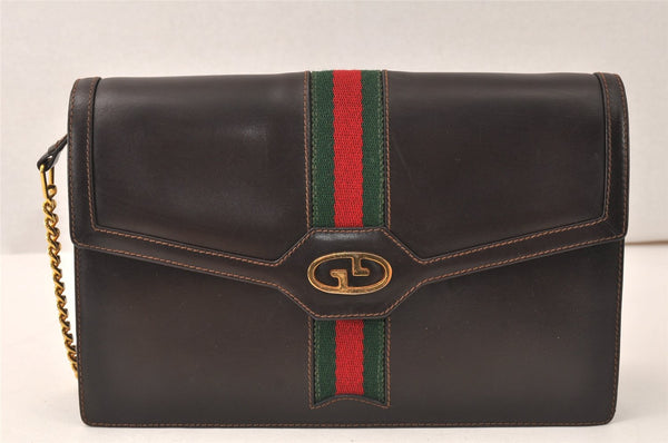 Authentic GUCCI Web Sherry Line Chain Shoulder Cross Bag Leather Brown 5231K