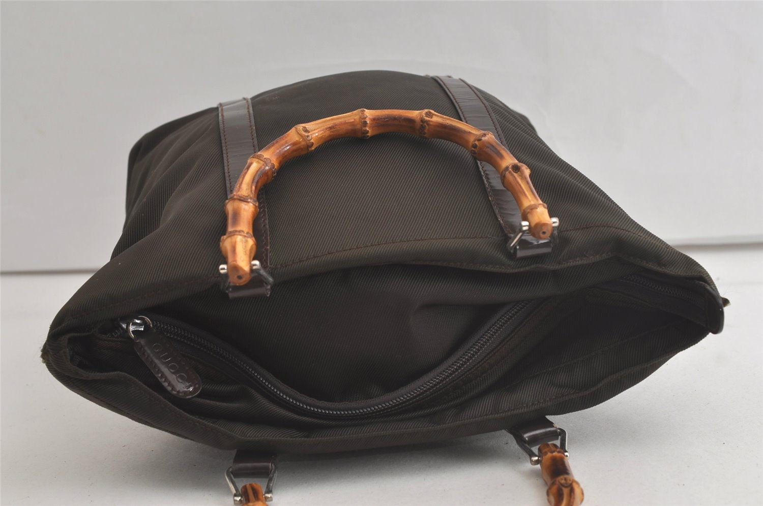 Authentic GUCCI Bamboo Tote Hand Bag Purse Nylon Leather Khaki Green 5233K