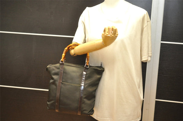 Authentic GUCCI Bamboo Tote Hand Bag Purse Nylon Leather Khaki Green 5233K