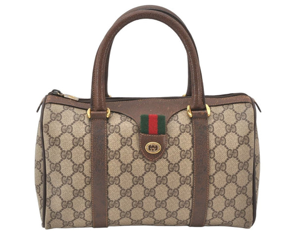 Authentic GUCCI Web Sherry Line Hand Boston Bag GG PVC Leather Brown Junk 5234K