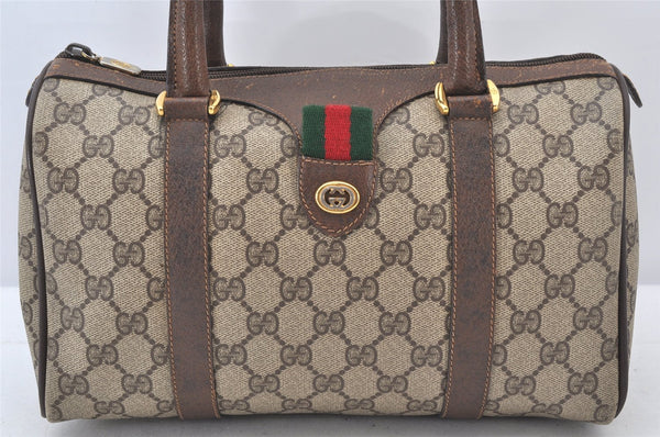 Authentic GUCCI Web Sherry Line Hand Boston Bag GG PVC Leather Brown Junk 5234K