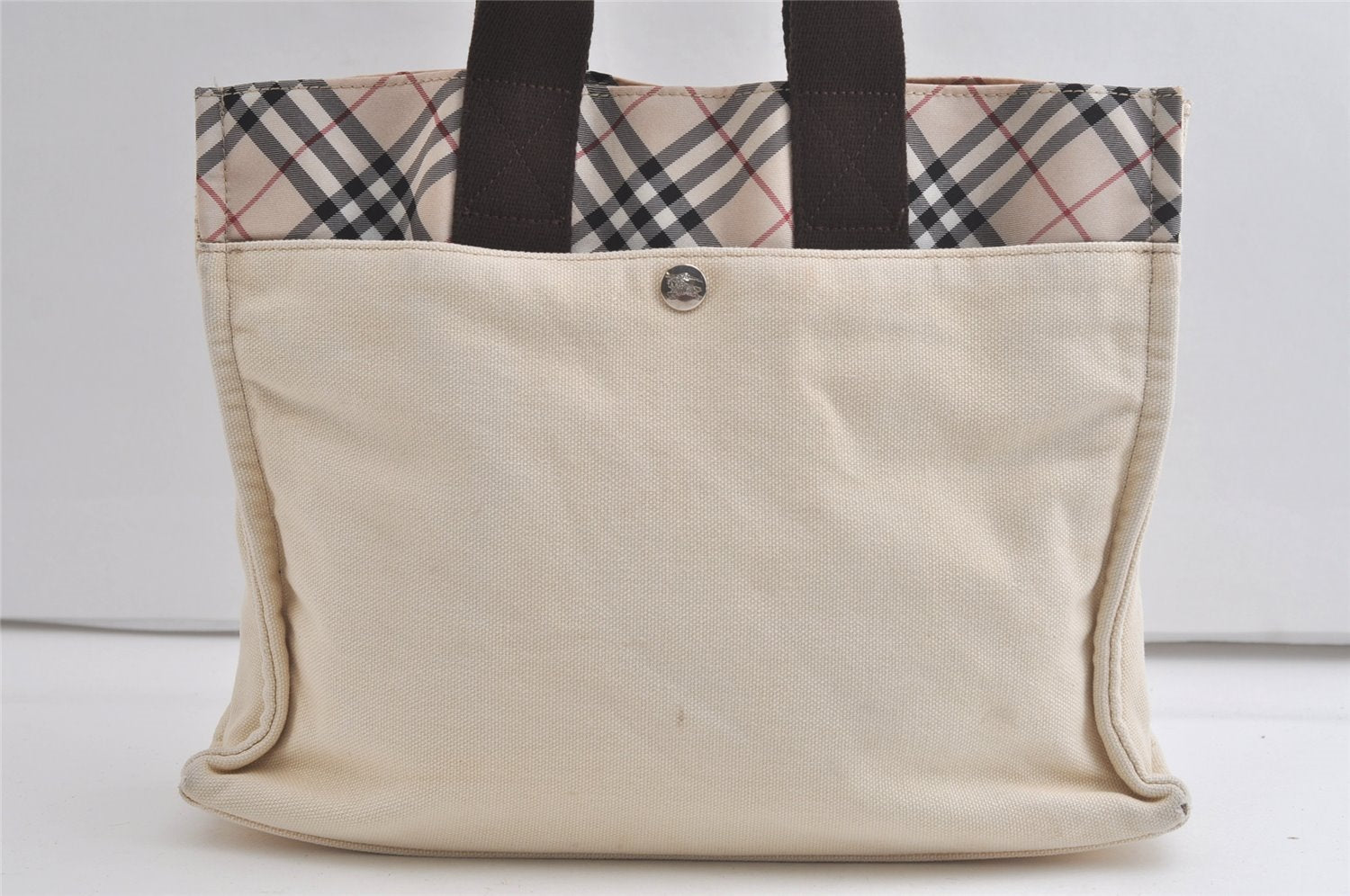 Authentic BURBERRY BLUE LABEL Check Hand Tote Bag Canvas Nylon White 5239K