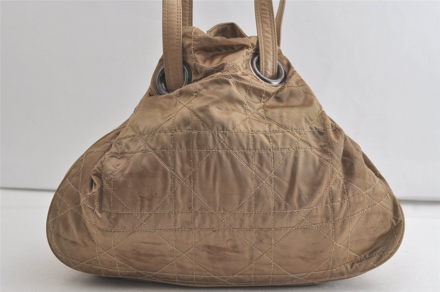 Authentic Christian Dior Cannage Nylon Leather Drawstring Bag Beige Junk 5241K