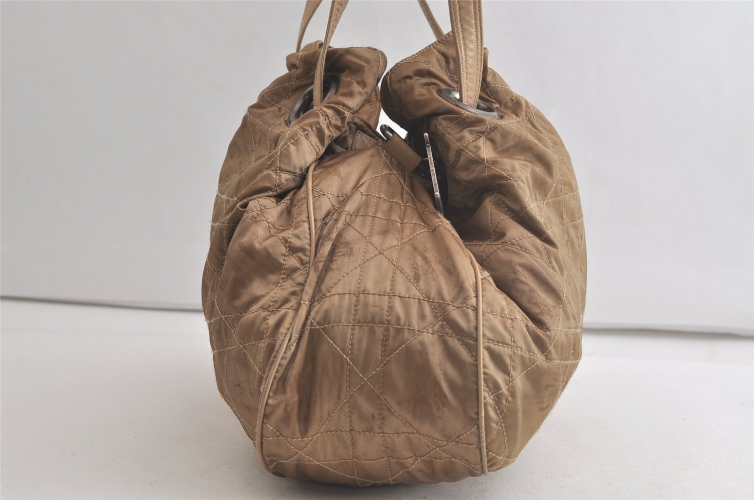 Authentic Christian Dior Cannage Nylon Leather Drawstring Bag Beige Junk 5241K