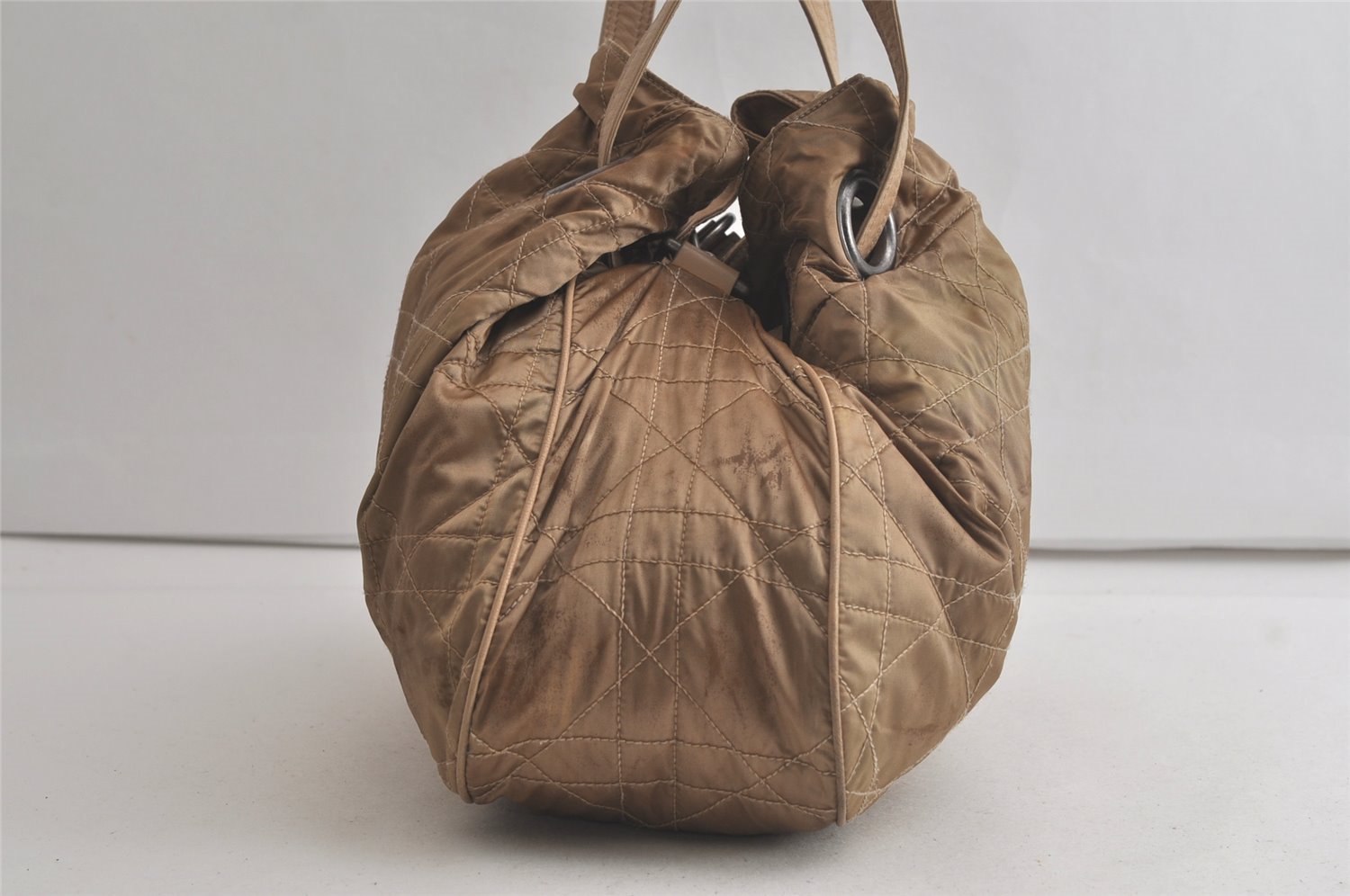 Authentic Christian Dior Cannage Nylon Leather Drawstring Bag Beige Junk 5241K