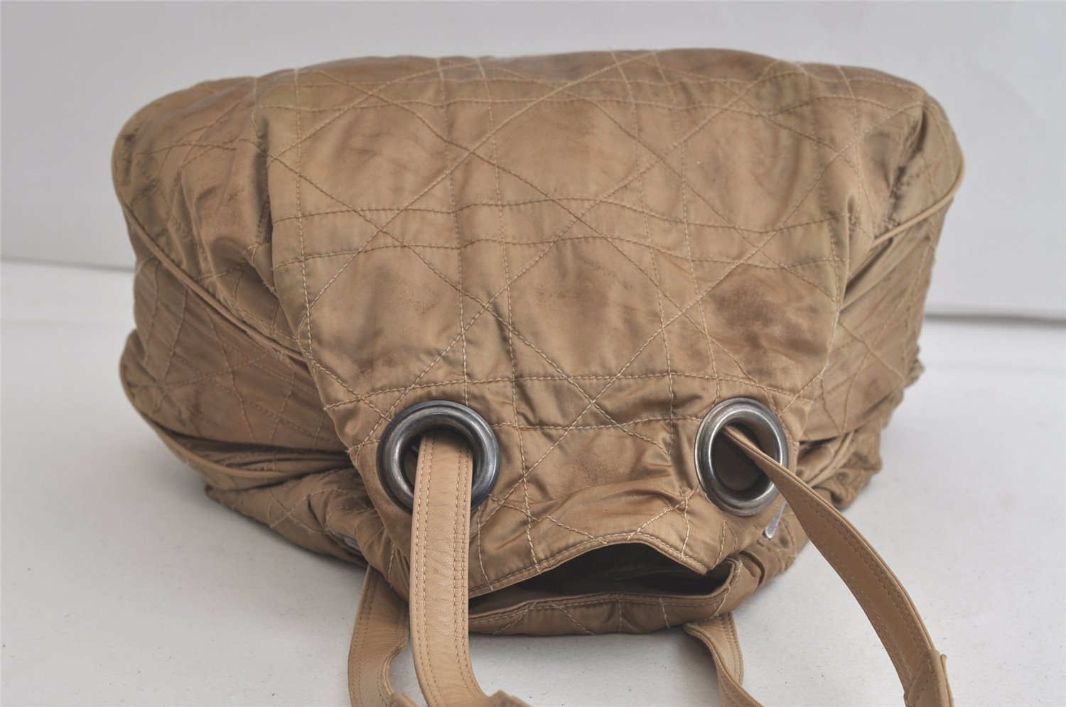 Authentic Christian Dior Cannage Nylon Leather Drawstring Bag Beige Junk 5241K