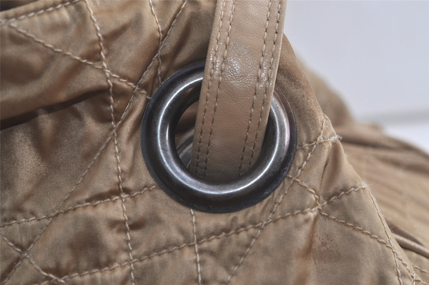 Authentic Christian Dior Cannage Nylon Leather Drawstring Bag Beige Junk 5241K